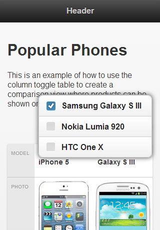 Phones Comparison Page